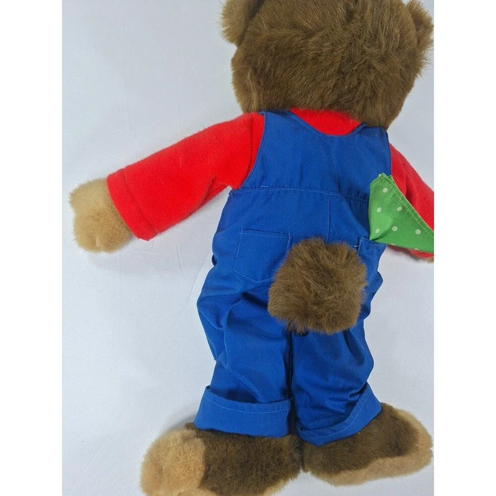 Vintage JS International Plush Teddy Bear Blue Overalls Red Shirt 14